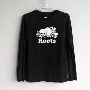 Roots 100% cotton black & white long sleeve logo tee shirt